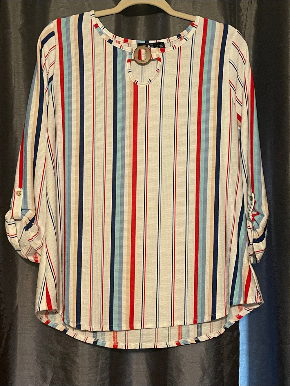 Vertical Stripe Keyhole Blouse with Roll Tabs - White Multi